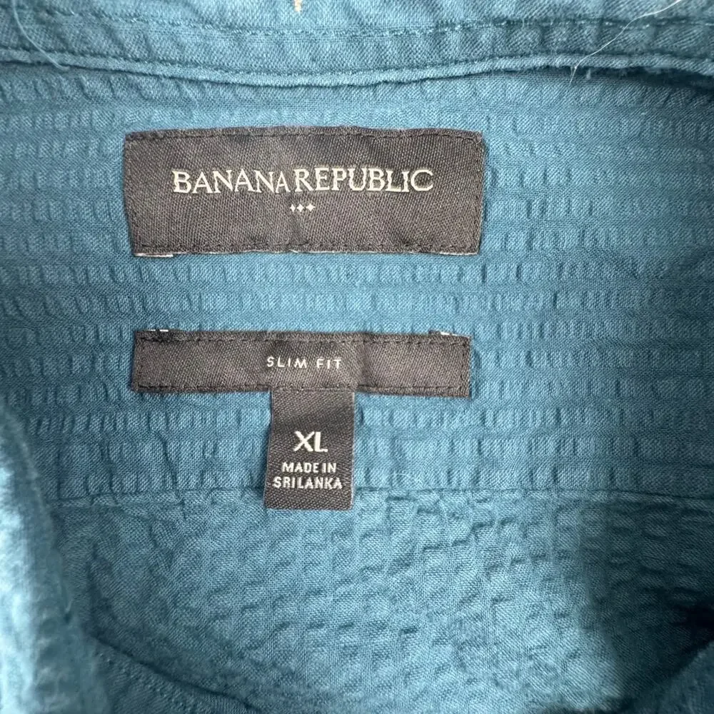 Banana Republic Seersuckerer Shirt Mens XL Slim Fit Teal Short Sleeve Button Up